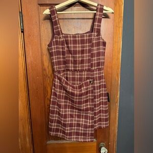 Wine Red Plaid Faux Wrap Pinafore Mini Dress from Lulus